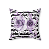 Square Pillow-Soft Purple Floral-Black Horizontal Stripes-White