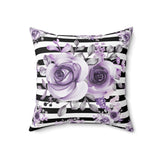 Square Pillow-Soft Purple Floral-Black Horizontal Stripes-White