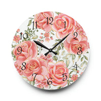 Acrylic Wall Clock-Luscious Pink Floral-Gold Trim