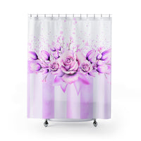 Shower Curtains - Lavender Ribbons & Roses - Glam Watercolor Floral Stripes