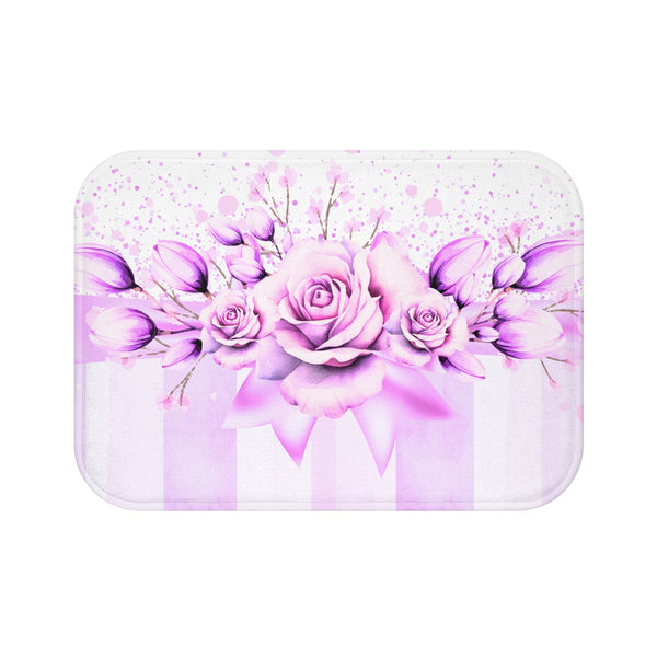 Bath Mat - Lavender Ribbons & Roses - Glam Watercolor Floral Stripes