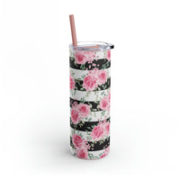 Skinny Tumbler, 20oz-Pretty Pink Floral Roses-Black Stripes