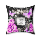 Square Pillow - Purple Midnight Roses - Perfume Bottle Black