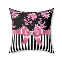 Square Pillow-Glam Pink Bow-Pink Stencil-Black White Pinstripes