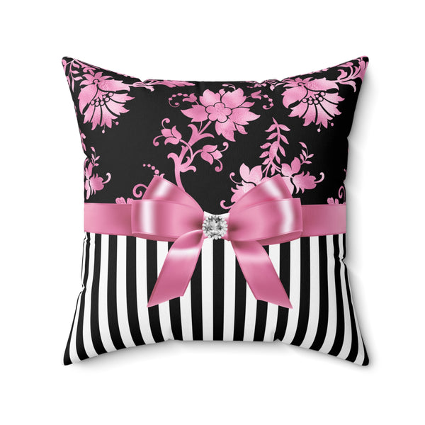 Square Pillow-Glam Pink Bow-Pink Stencil-Black White Pinstripes