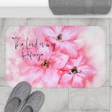 Bath Mat - Passion Pink Watercolor Plumeria - The Lord is my Refuge (Faith)