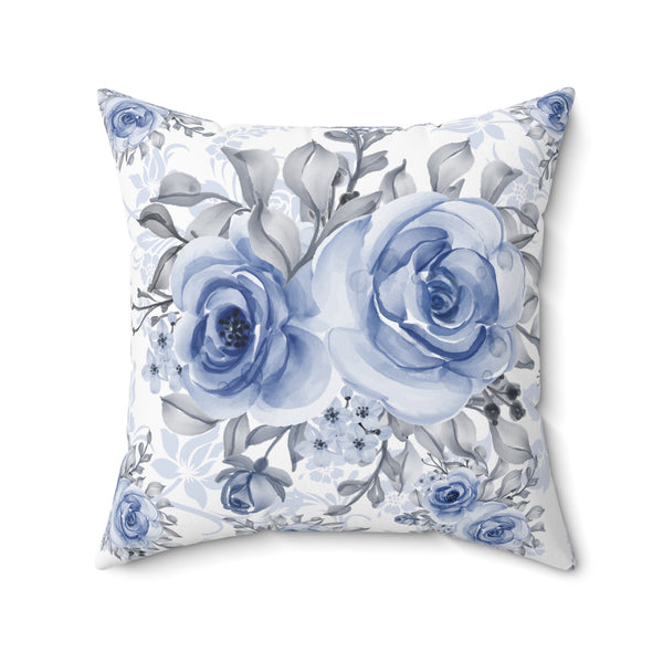 Square Pillow-Stormy Blue-Floral Stencil-White