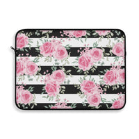 Laptop Sleeve-Pretty Pink Floral Roses-Black Stripes