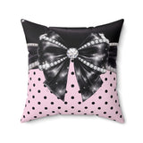 Black Satin Diamond Bow - Pink Polka Dots - Square Pillow