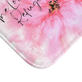 Bath Mat - Passion Pink Watercolor Plumeria - The Lord is my Refuge (Faith)