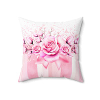 Square Pillow - Blush Ribbons & Roses - Glam Watercolor Floral Stripes
