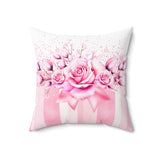 Square Pillow - Blush Ribbons & Roses - Glam Watercolor Floral Stripes