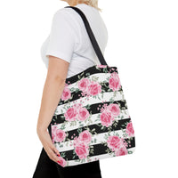 Tote Bag-Pretty Pink Floral Roses-Black Stripes