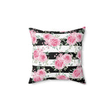 Pretty Pink Roses - Black Stripes - Square Pillow