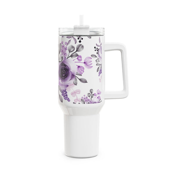 Glam Cup Tumbler, 40oz - Soft Purple Floral - White