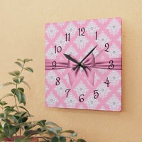 Acrylic Wall Clock-Glam Pink Mauve Bow-White Damask Diamonds