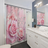 Shower Curtains-Pastel Peach Pink Roses-Silver Glitter Diamonds