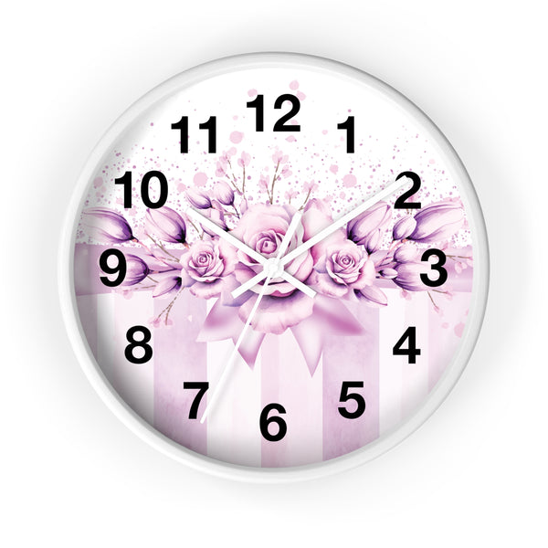 Wall Clock - Lavender Ribbons & Roses - Glam Watercolor Floral Stripes