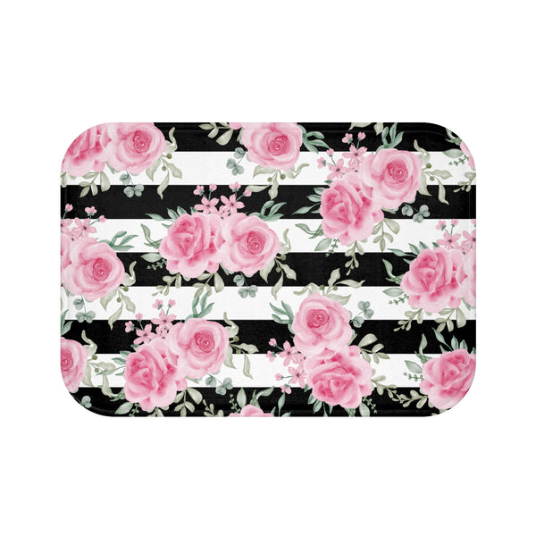Bath Mat-Pretty Pink Floral Roses-Black Stripes