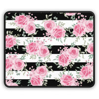 Mouse Pad-Pretty Pink Floral Roses-Black Stripes