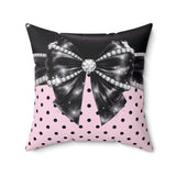 Black Satin Diamond Bow - Pink Polka Dots - Square Pillow