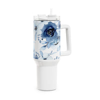 Glam Cup Tumbler, 40oz - Blue & White Floral Watercolor - White