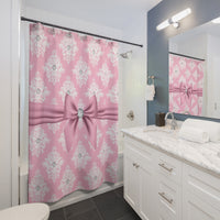 Shower Curtains-Glam Pink Mauve Bow-White Damask Diamonds