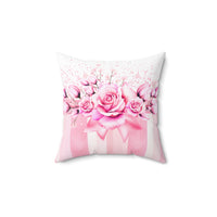 Square Pillow - Blush Ribbons & Roses - Glam Watercolor Floral Stripes
