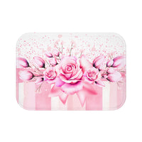 Bath Mat -  Blush Ribbons & Roses - Glam Watercolor Floral Stripes