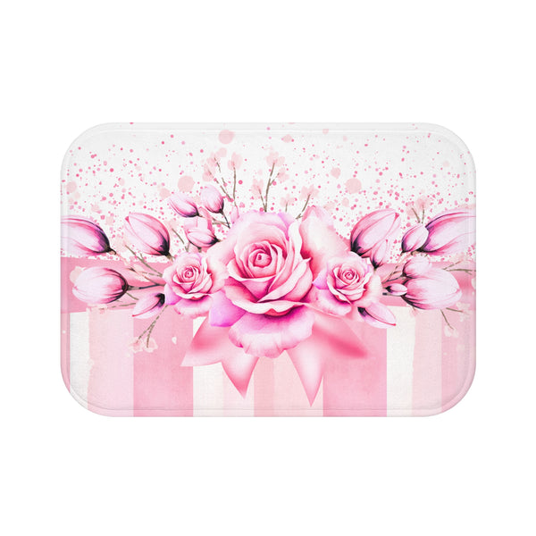 Bath Mat -  Blush Ribbons & Roses - Glam Watercolor Floral Stripes