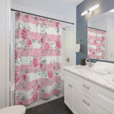 Shower Curtains-Pretty Pink Floral Roses-Pink Stripes