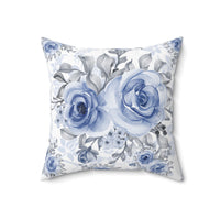Square Pillow-Stormy Blue-Floral Stencil-White