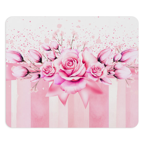 Mouse Pad -  Blush Ribbons & Roses - Glam Watercolor Floral Stripes
