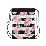Drawstring Bag-Pretty Pink Floral Roses-Black Stripes