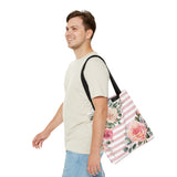 Tote Bag-Pink Cream Floral Dream-Stripes