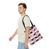 Tote Bag-Pretty Pink Floral Roses-Black Stripes