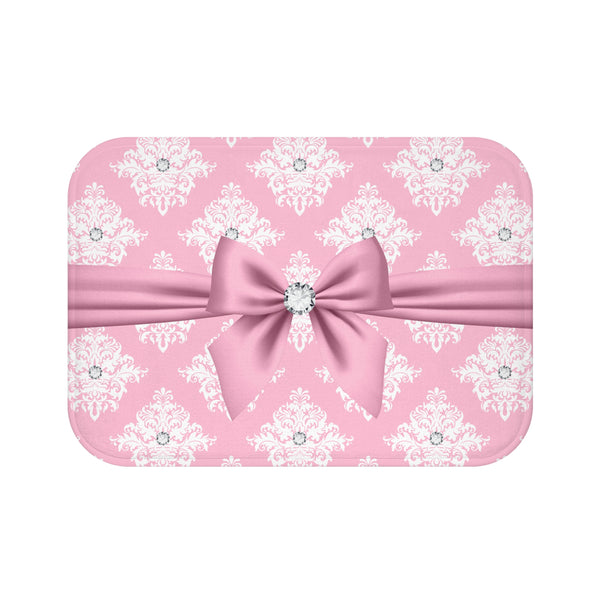 Bath Mat-Glam Pink Mauve Bow-White Damask Diamonds
