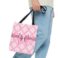 Tote Bag-Glam Pink Mauve Bow-White Damask Diamonds