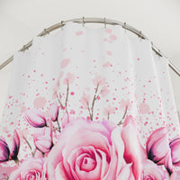 Shower Curtains - Blush Ribbons & Roses - Glam Watercolor Floral Stripes
