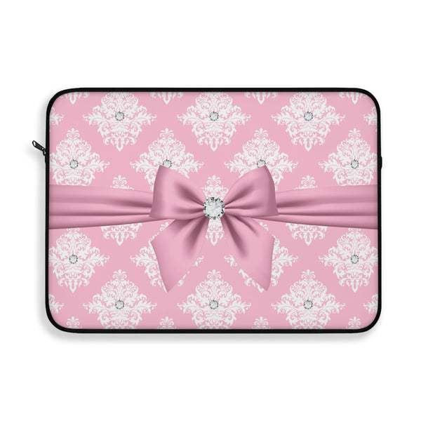 Laptop Sleeve-Glam Pink Mauve Bow-White Damask Diamonds