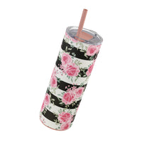 Skinny Tumbler, 20oz-Pretty Pink Floral Roses-Black Stripes