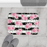 Pretty Pink Roses -Black Stripes - Bath Mat