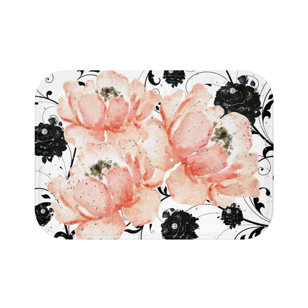 Bath Mat-Pink Peach Floral-Black Stencil-Glitter Diamonds