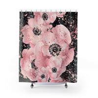Shower Curtains-Rose Gold-Pink Floral-Paint Splatter-Black