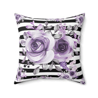 Square Pillow-Soft Purple Floral-Black Horizontal Stripes-White