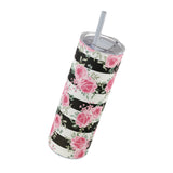 Skinny Tumbler, 20oz-Pretty Pink Floral Roses-Black Stripes