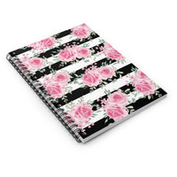 Small Spiral Notebook, 6x8in-Pretty Pink Floral Roses- Black Stripes