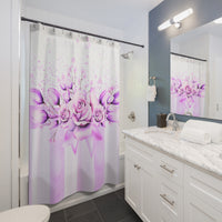 Shower Curtains - Lavender Ribbons & Roses - Glam Watercolor Floral Stripes