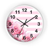 Pink Stripes Floral Roses - Wall Clock