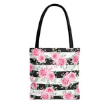 Tote Bag-Pretty Pink Floral Roses-Black Stripes